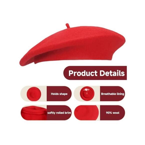 French Wool Beret Hats Solid Color Classic Beanie Winter Red Cap Painter main image 6